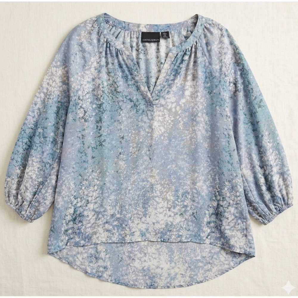Cynthia Rowley Blouse Womens Small Blue Sheer Abstract Floral V-Neck High-Low - Picture 2 of 13